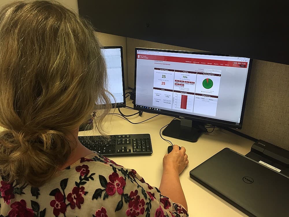 Woman facing computer monitor with charts