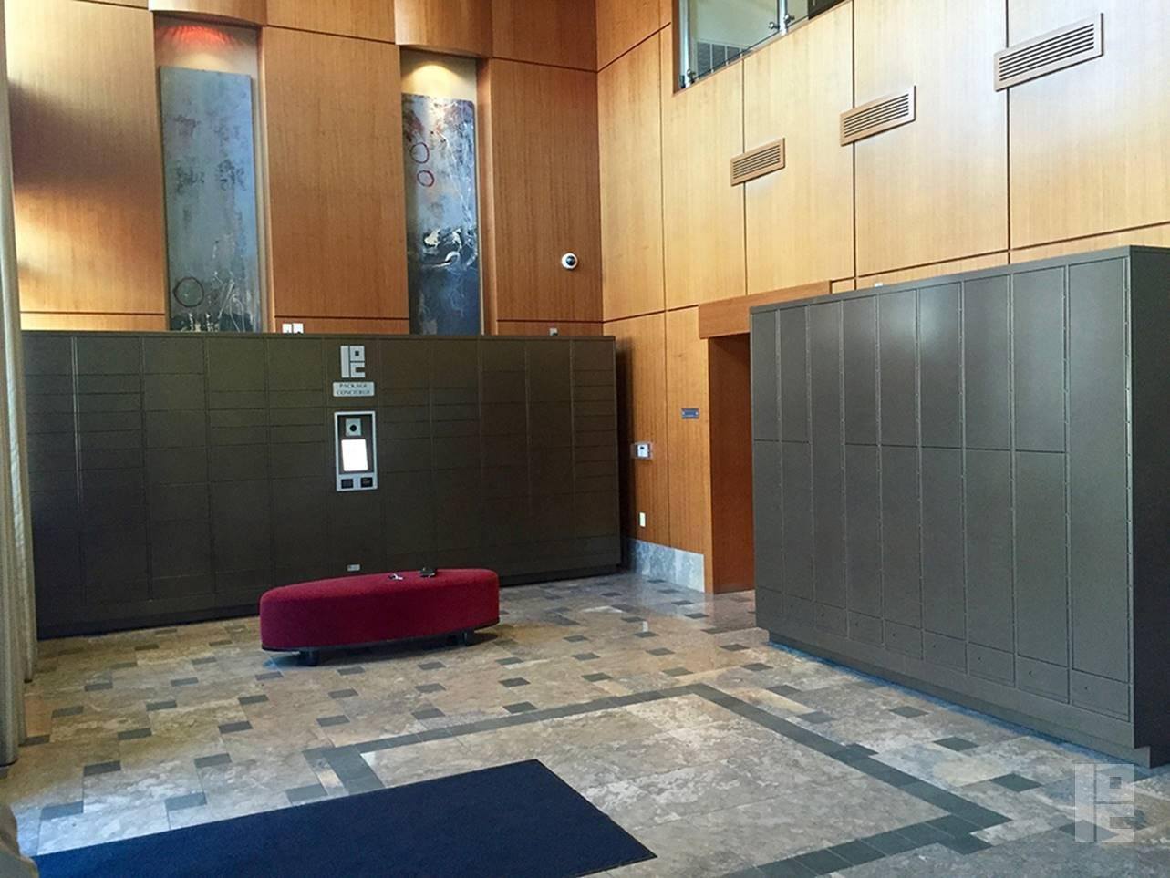 lobby with package lockers and dry cleaning lockers
