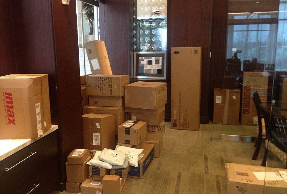 Stacks of packages in hallway