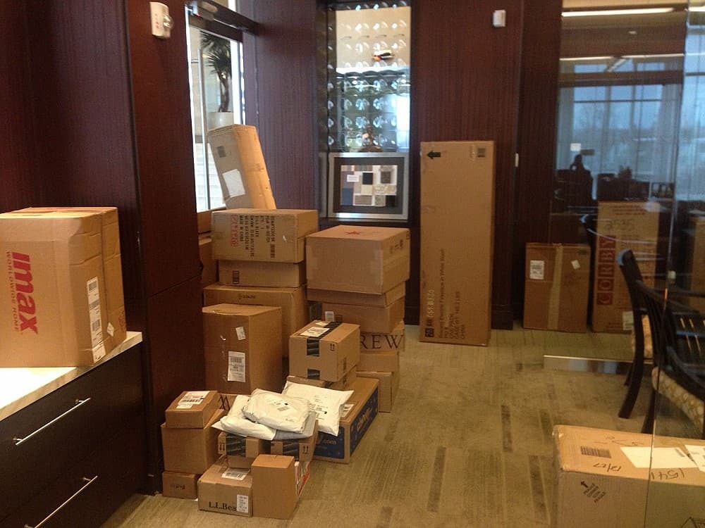 Stacks of packages in hallway