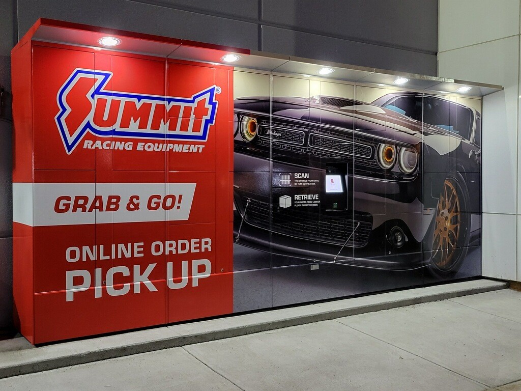 online order pickup locker with Summit Racing Equipment branding